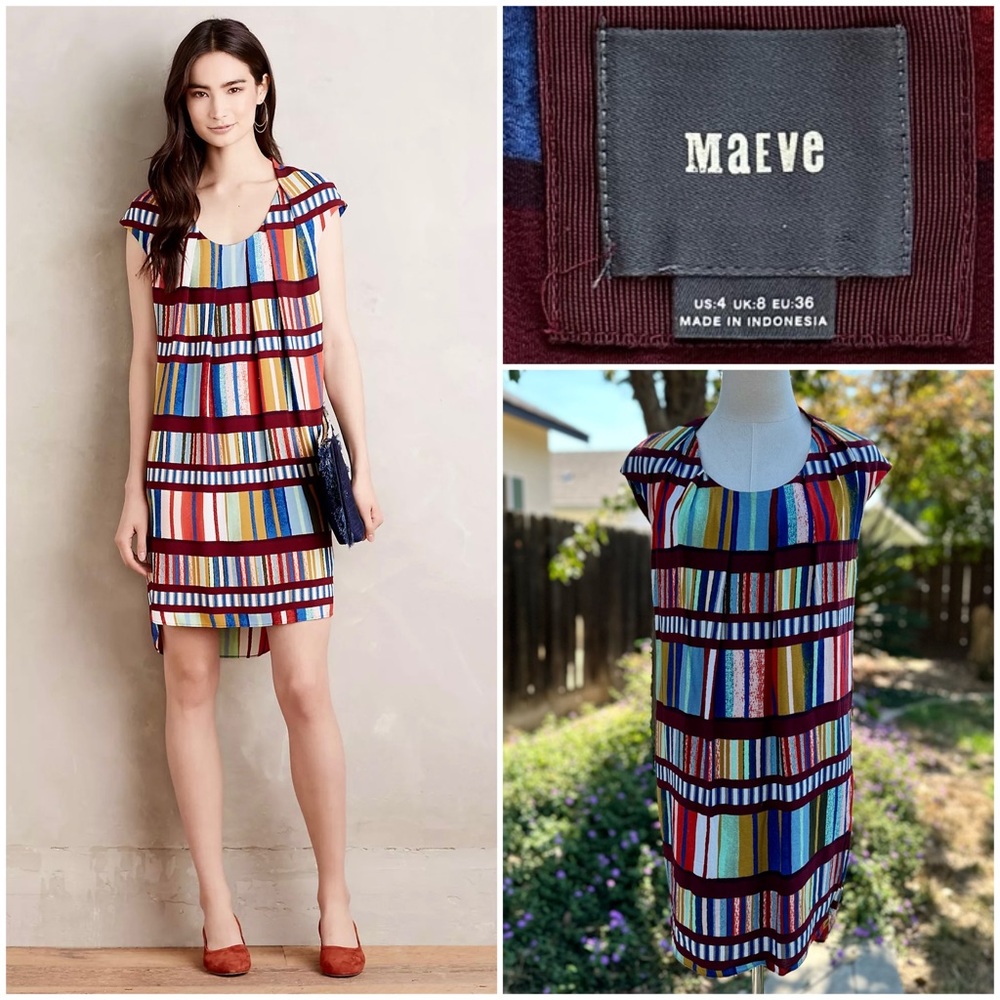 ANTHROPOLOGIE 4 MAEVE Au Revoir Shift Dress Tunic High Low Color Block Red Motif